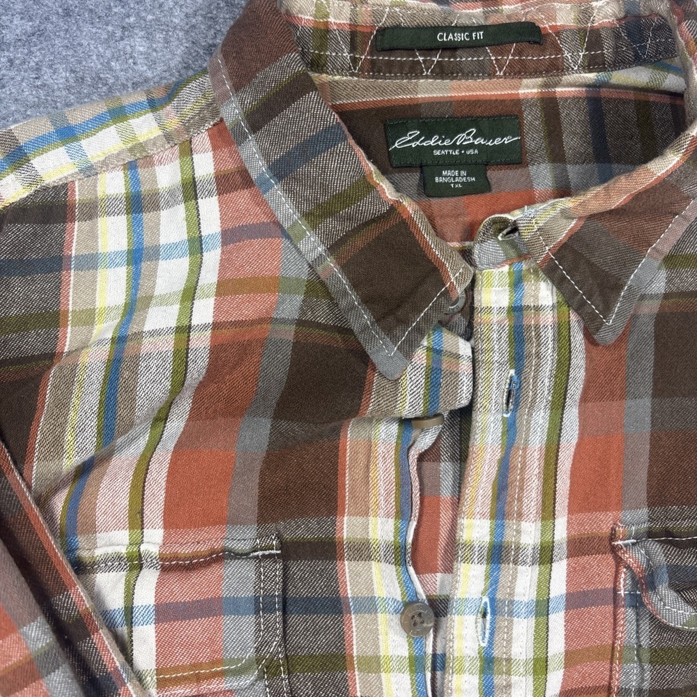 Eddie Bauer XL Tall Men Button Down Plaid Long Sleeve Shirt Brown Orange XLT